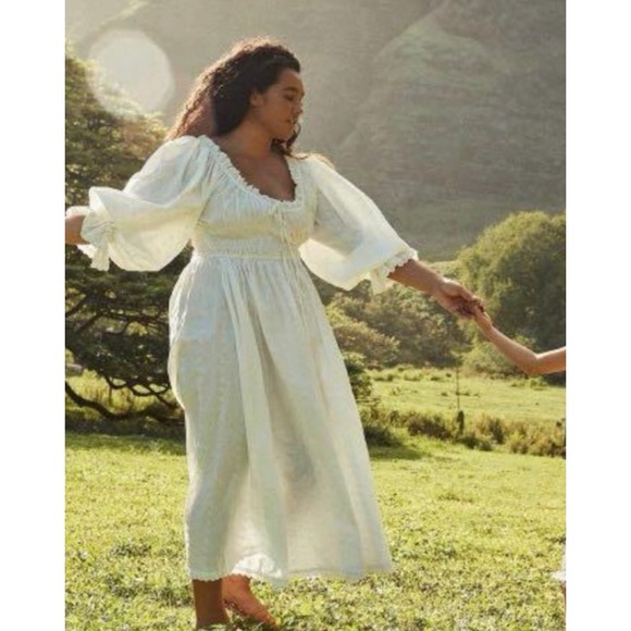 Doen Dresses & Skirts - Doen Isolde Midi Dress Salt White Eyelet Cotton Smocked Puff Sleeve Womens XL